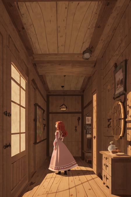 <lora:TangledAdventure:1> woman with red hair, wearing a dress, indoors, wooden walls, cottage interior