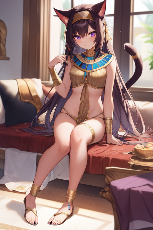 ancient egyptian clothes, cat girl, hairband, shiny, full body, cat tail, nail polish, purple eyes, cat ears