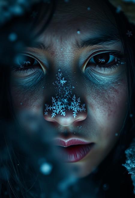 A close-up of a frost-covered, weary face with chapped lips and intense eyes,asian girl,  details of frozen eyelashes, under dramatic, moody lighting, snowflakes delicately resting on the skin, cinematic focus on facial texture and raw survivalist expression, illuminated by cold, blue-toned lighting, steam and frost swirling in the background,