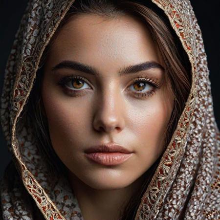 a photorealistic portrait of a stunningly beautiful woman without make-up, extremely detailed light hazel eyes, detailed symmetric realistic face, natural skin texture, extremely detailed skin with skin pores, peach fuzz, messy hair, wearing shawl over her head, masterpiece, absurdres, award winning photo by lee jeffries, nikon d850 film stock photograph, kodak portra 400 camera f1.6 lens, extremely detailed, amazing, fine detail, rich colors, hyper realistic lifelike texture, dramatic lighting, unrealengine, trending on artstation, cinestill 800 tungsten, looking at the viewer, photo realistic, RAW photo, TanvirTamim, high quality, highres, sharp focus, extremely detailed, cinematic lighting, 8k uhd