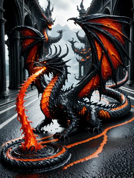 <lora:Fresh_Tarmac_SXDL:1> an intricate dragon made of black ais-tarmac and breathing fire made of red and orange ais-tarmac