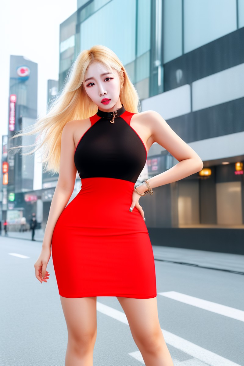 A photo of JangYouSun, blonde hair. pencil dress, dress, fashion, outfit. Outside, street, sidewalk, Seoul, Tokyo, neon si...