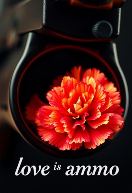 carnation, a single vividly colorful flower in the mouth of a gun's barrel, extreme close up, fashion photography, billboard, with a flowery text that reads "love is our ammo"