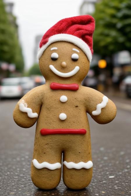 Gingerbread_Man, food, cookie, food focus, no humans, , mustache,wearing a hat,  walking in a city street