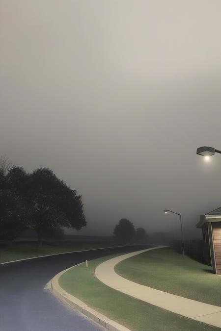 liminal space, lamppost, no humans, scenery, outdoors, tree, night, sky, road, light, grass, cloud, bridge, night sky, a street light on a dark night with a building in the background