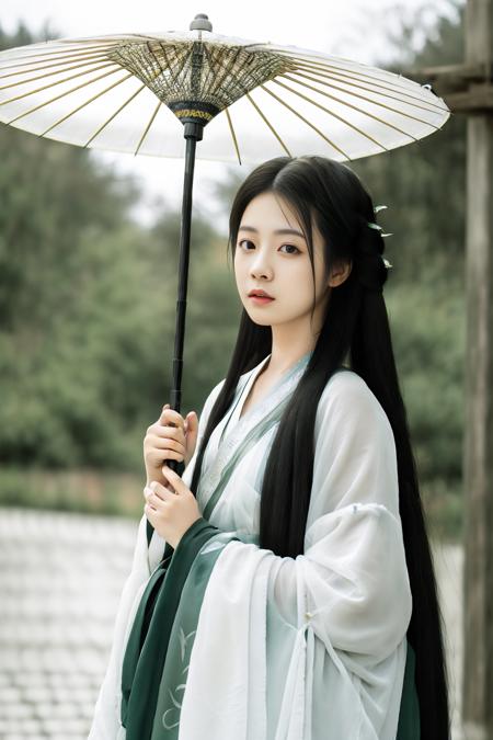 1girl,solo,black hair,long hair,outdoors,holding,looking at viewer,holding umbrella,parted lips,blurry background,day,<lora:GUCHEN-09:0.8>,hanfu,light_rays,