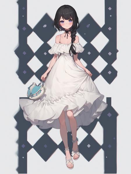 miki zf,fingerless gloves,thighhighs,black hair,purple eyes,red bow,shirt,shoes,black choker,looking at viewer,long hair,braid,jacket,high-waist skirt,hair ribbon,purple hair,shoulder bag,colored inner hair,loafers,portrait,hand on own chin,