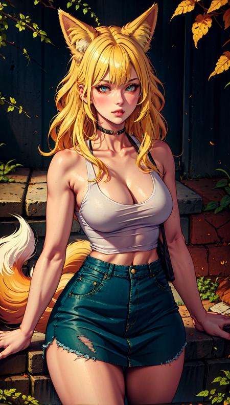 Fox girl,  blonde,  short skirt,  sleeveless,  open shirt,  tank top,  , Fantasy style mix,<lora:EMS-257925-EMS:0.900000>,<lora:EMS-258099-EMS:0.400000>