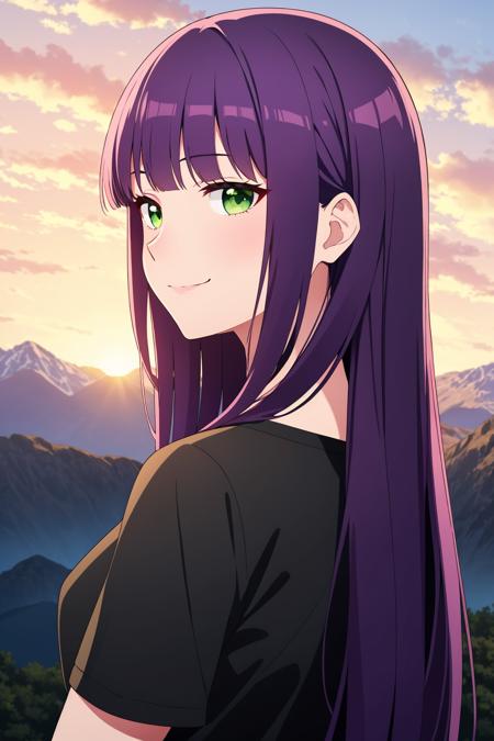 (masterpiece), best quality, expressive eyes, perfect face, solo,
long hair, wavy hair, blunt bangs, purple hair, green eyes, medium breasts, black t-shirt, light smile, closed mouth, 
mountain, sunset, portrait, from behind, looking at viewer,