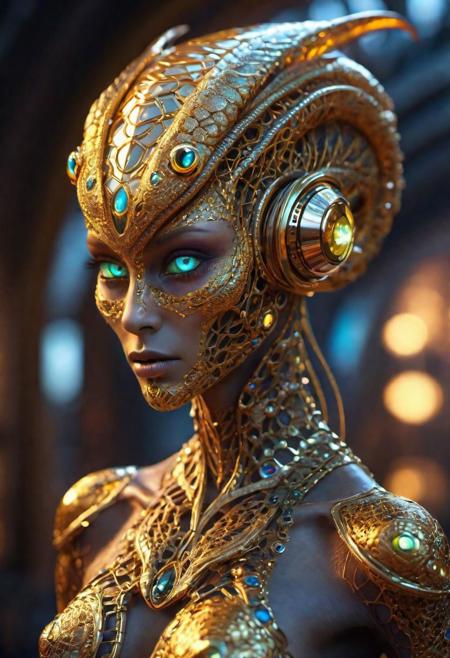 dark fantasy, Alien Nordic reptillian from venus and norway, captivating, in vibrant jewels.... Her accessories include high tech quantum neural lace and glowing gold plasma body sheath, eyes glowing, bokeh, lens flres, fisheye lens, perfect composition, beautiful detailed intricate insanely detailed octane render trending on artstation, 8 k artistic photography, photorealistic concept art, soft natural volumetric cinematic perfect light, chiaroscuro, award - winning photograph, masterpiece, oil on canvas, raphael