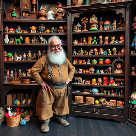 the toymaker, a stout cheerful looking man with round glasses and a long white beard, stands proudly next to an ancient, dark wood, floor to ceiling, shelf unit, on the shelves are displayed many beautiful and magical toys, black wood floorboards, vibrant colours,