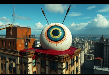 cinematic, 32k, hyper detailed, a giant eyeball speard on top of building, bleeding,