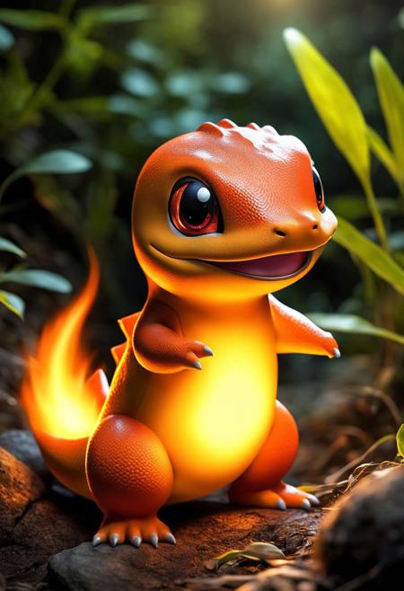 (masterpiece),
charmander in the nature,
dim light, cute, 
light heat effect,
tail on fire,
ultra realistic, HDR, intricate details,