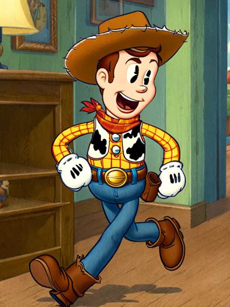 (rubber_hose_character:1.2) <lora:RubberHose_Characters_SDXL_v1:3>,cartoon, cow-boy woody, blue jeans running in the hall, toy story,( flat cell shading:1.5), noodle_limbs