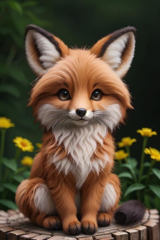 A brown and white stuffed animal fox sitting on a flower patch.