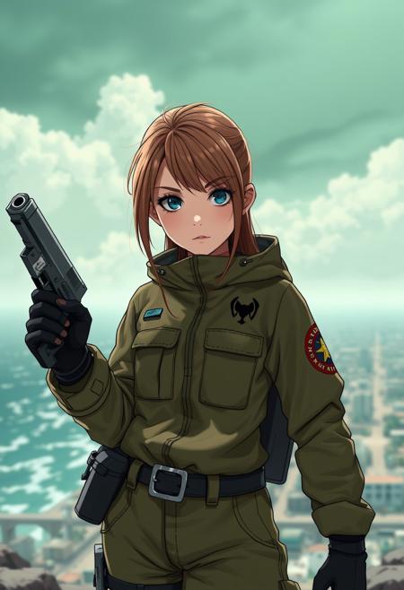 1girl, ((front view))), looking at viewer, highly detailed, from front, 1girl, skinny, looking at viewer, masterpiece, best quality, 
raw, extremely detailed, hyperrealism, photo, perfect anatomy, source_photo, source_real, solo, looking at viewer, 1girl, full body, ((khaki haznat suit:1.5)), dynamic pose, pistols in hands
BREAK
looking at viewer, long hair, ((light brown hair)), long hair, dynamic pose
best quality, depth of field, bokeh, (((full clothed))), ((khaki haznat suit)),
BREAK
((((big futuristic gun in hands)))), (big futuristic pistol in hands:1.3), adventuress, dynamic pose, military hamzat suit
(((((post-apocalyptic city ruin, light blue ocean, green cloudy sky:1.9))))) score_9, score_8_up, score_7_up, score_6_up, source_cartoon, rating_explicit, Expressiveh, (((((upper body))))), dynamic pose
<lora:DandonFuga_Style_v.2_-_Pony:0.8>