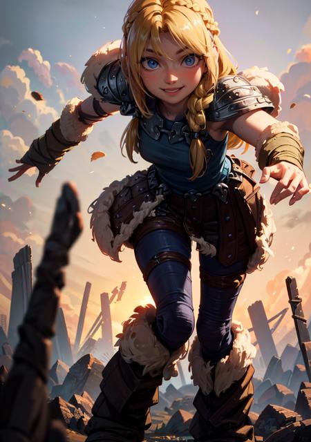 Astrid on a battlefield posing sexy, (long hair, blonde, blue eyes, armor, braid:1.2), warm light, curvy, smile, :D, from below, (dynamic_angle), (dynamic_pose:1.2), 
(detailed landscape:1.2), (dynamic_perspective:1.2),
(masterpiece:1.2), (best quality, highest quality), (ultra detailed), (8k, 4k, intricate), (full body:1), (highly detailed:1.2),(detailed face:1), (ambient light:1),(cinematic composition),(HDR:1),(perfect_anatomy:1.2),
 <lora:Astrid_Character:1>