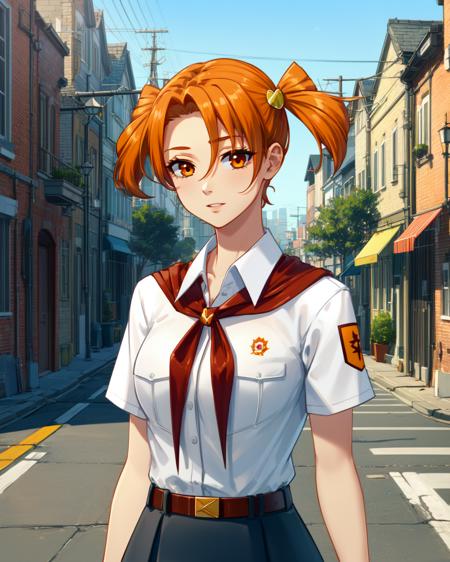 blalisa, yellow hairpin, orange eyes, orange hair, short twintails, white shirt, red badge on shirt, red bow-tied neckerchief, leather belt, blue skirt blalisa, yellow hairpin, orange eyes, orange hair, short twintails, tied white shirt, red badge on shirt, red wrap on wrist, leather belt, blue skirt