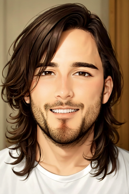 <lora:Markiplier:.7> 1boy, male focus, solo, facial hair, shirt, white shirt, teeth, stubble, blurry, beard, portrait, brown hair, long hair,looking at viewer, parted lips, brown eyes, heart shaped face, shaded face,