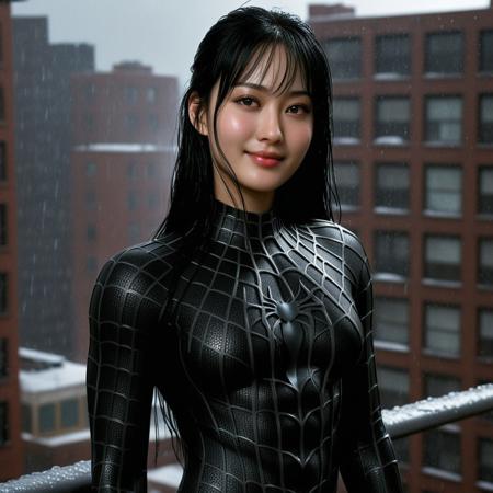 score_9, score_8_up, score_7_up, best quality, realistic, masterpiece, beautiful detail, hyperrealistic, rainy scenery, ((1girl, woman body, large breast)), amazing detailed full body of a cute korean girl, squatting pose on top of a building, wearing a realistic and highly detailed black raimi spider-man suit, ((defined muscular girl)), professional model wears ultra - detailed black raimi spider - man suit, ultra - detailed and grained black raimi spiderman suit, suit covered entire body and hand, black spiderman gloves, wet, (black hair, attraction, light smile), close up, octane render, highly detailed, volumetric, dramatic lighting, (highest quality:1.1), (HDR:1.3), (top quality, best quality), realistic, high definition,