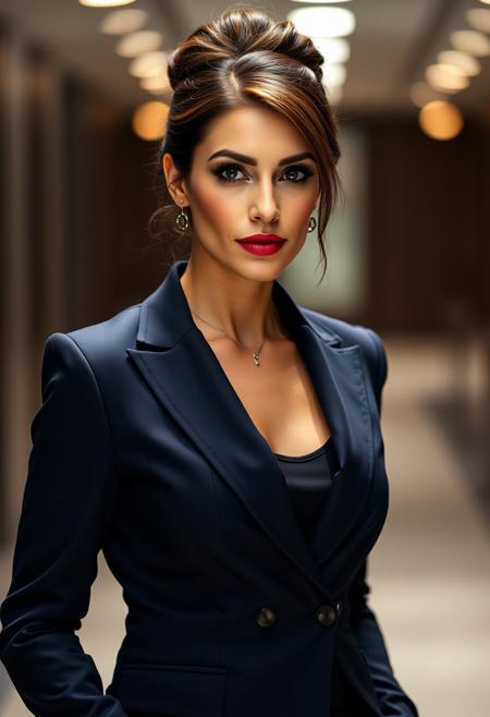 A captivating, 40-year-old businesswoman, exuding both power and sensuality. Draped in a tailored, midnight blue power suit, she commands attention with her confident stride and piercing gaze. Her sleek, professional updo frames her face, drawing attention to her full lips and sultry eyes. A smoky eye and a hint of red lipstick add a touch of allure, while her flawless skin and perfectly arched brows exude timeless elegance. The soft glow of the studio lights illuminates her confident expression, hinting at a passionate drive beneath her composed exterior. Photograph style: High-end fashion editorial, dramatic lighting, sharp focus.