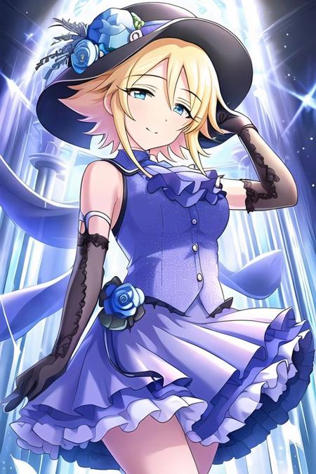 Umeki Otoha,
1girl, ascot, black flower, blonde hair, blue ascot, blue eyes, blue headwear, blue shirt, elbow gloves, floral print, flower, frilled skirt, frills, gloves, hair between eyes, hat, hat flower, layered skirt, looking at viewer, miniskirt, shirt, short hair, short sleeves, skirt, smile, solo, standing, white ascot, white gloves
<lora:deresute-unvoiced-v1.2:1>