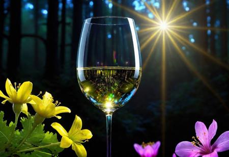 Fantasy glass of white wine illuminated by a bright star, glittering flowers in the background, forest, light, sparkle, fine art, extreme detail, photorealistic, matte painting" ultra high detail, detailed, black bg, night bg, rainbow color, ceramics, this digital painting , high detail, complex, complex pose, clarity, high quality, center alignment, Miki Asai Macro photography, detail, hyper detail, art station trends, sharp focus, studio photography, complex detail, high detail, by greg rutkowski<lora: xl_more_art-full_v1:0.4>