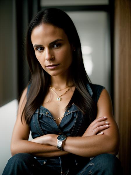 Realistic photo of a beautiful j0rd4n4b woman, 1girl, solo, long hair, looking at viewer, brown hair, brown eyes, jewelry, midriff, necklace, crossed arms, denim, watch, jeans, realistic, wristwatch, soft lighting, professional Photography, Photorealistic, detailed, RAW, analog, sharp focus, 8k, HD, DSLR, high quality, Fujifilm XT3, film grain, award winning, masterpiece<lora:j0rd4n4b:1.0>