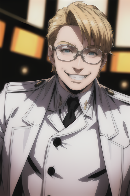 city, portrait, 1boy, blondie hair, opaque glasses, parade uniform, white uniform, smile, evil smile, evil grin,