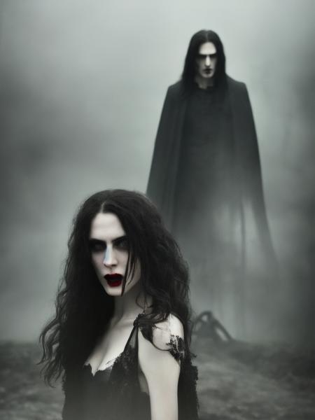 High detail RAW color Photo of a vampire, pale skin with dark circles under the eyes, sharp teeth, long black hair, red eyes, serious expression, standing in a dark, abandoned castle, surrounded by shadows, fog, or smoke, symmetrical, highly detailed, harsh lighting, cinematic lighting, serious eyes, contrast, textured skin, cold skin pores, hasselblad, gigapixel, hard light, dramatic posing, wearing black clothing with a cape or coat, holding a blood-filled goblet or with blood on their lips.