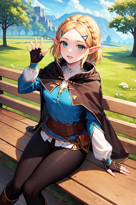 masterpiece, best quality, highres, aazelda, short hair, crown braid, hairclip, pointy ears, brown cape, blue shirt, puffy sleeves, long sleeves, fingerless gloves, black gloves, black pants, tight pants, <lora:zelda_1:0.7>, sitting, waving, bench,