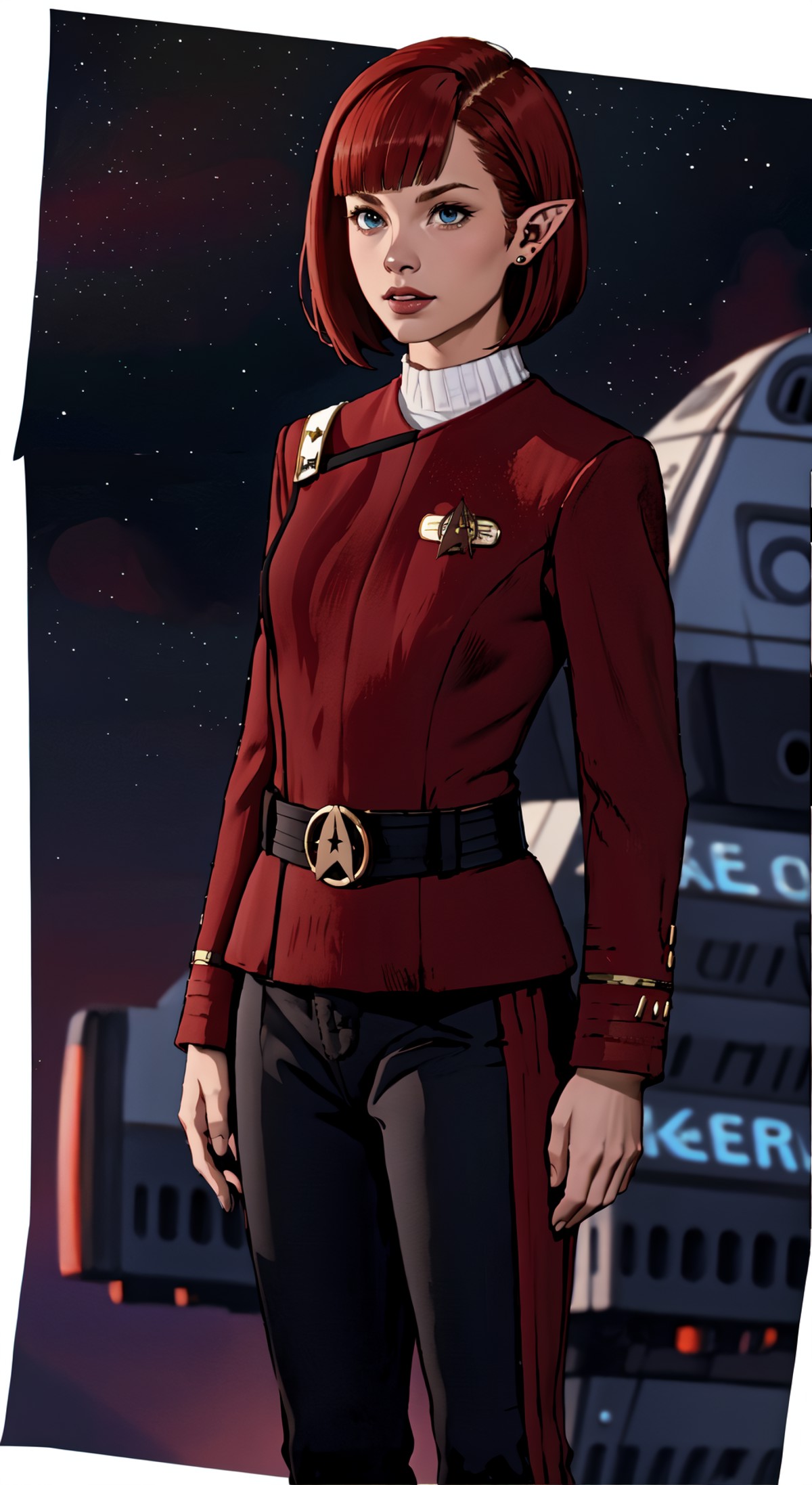 side (bob haircut1:1), vulcan girl, star trek ,  (twokunf red uniform:1.25),black pants <lora:TWOK_OC:1>, pointy ears, whi...