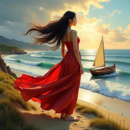 a beautiful full-figured Korean woman standing barefoot on a grassy hill overlooking the ocean, wearing a red silky leather dress that shimmers in sunlight, soft wind blowing through her long black hair, a small wooden sailboat resting on the shore below, waves gently crashing, warm golden afternoon sky, oil painting, highly detailed brushwork, serene expression, coastal landscape, cinematic composition, sunlight reflections on water and fabric, traditional fine art style, vibrant yet realistic colours, beautiful woman, chubby girl, Korean girl, red silk dress, windy dress, barefoot, ocean view, beach hill, traditional sailboat, crashing wave, golden sky, oil painting, classical style, realistic art, shoreline, fine art, boat on beach, serene mood, high detail, vibrant realism, glowing highlights, scenic coast, dynamic wind motion, flowing red dress in air, strong waves, intense hair motion, storm clouds gathering, dramatic energy, powerful atmosphere, windy scene, motion blur, strong wind, drama, cinematic tension, expressive lines