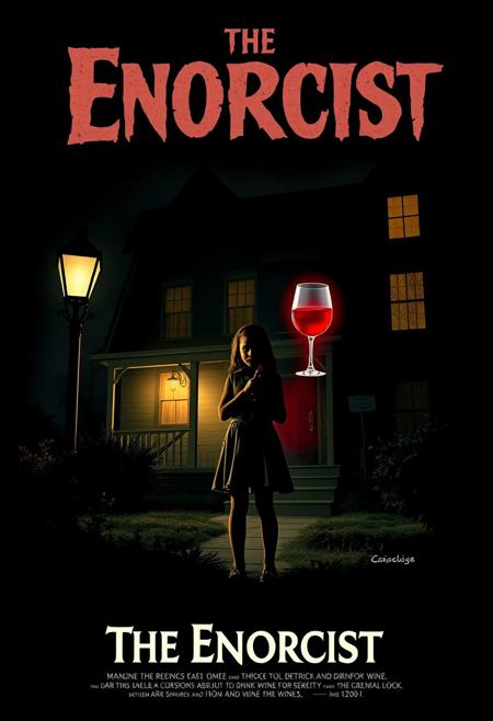 Design a parody movie poster titled The Enorcist, a humorous twist on The Exorcist. Imagine the iconic dark, eerie vibe of the original poster, but with a comical twist: instead of a demonic possession, the story is about a young girl cursed to drink wine for eternity. The poster should have an unsettling, atmospheric look, with dim lighting and shadows, similar to the original 1973 poster.
In the scene, show a girl standing under a dim street lamp outside a spooky house, holding a bottle of wine. The wine spirit possesses her, maybe symbolized by a faint aura or a sinister, red-glowing glass hovering near her. Add subtle wine-themed details (like a corkscrew or wine bottle shadow) to keep it humorous yet creepy. The title, The Enorcist, should mimic the original typography for an authentic touch.