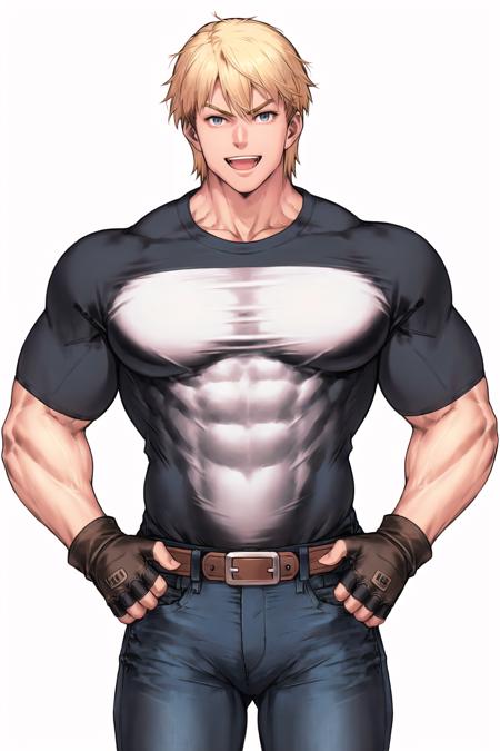 Capcom SNK Style,  solo,  looking at viewer,  smile,  open mouth,  blonde hair,  simple background,  shirt,  black hair,  gloves,  1boy,  white background,  male focus,  belt,  pants,  fingerless gloves,  black shirt,  muscular,  pectorals,  denim,  muscular male,  jeans,  hands in pockets,  taut clothes,  tight,  taut shirt,  tight shirt, <lora:EMS-51611-EMS:0.800000>