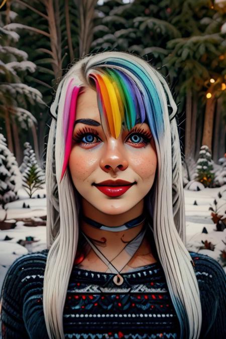 christmassweater, Masterpiece, 1female, detailed, realistic photo, portrait, face focus, close up, European, female, red lips, gentle smile, 28 years old, realistic high detailed face, natural eyes, anatomic correct bodies, lots of detail, colorful, hdr, strong, mature female, beautiful, cinematic, elegant, hyperrealistic, hyperrealism, Christmas sweater, colorful sweater, garden, winter, Christmas tree, Christmas decorations, Christmas, hands hidden, hands out of view, Roxy_Citron_OC,  1girl, solo, red eyes, white hair, rainbow hair, long hair, streaked hair, hair between eyes.