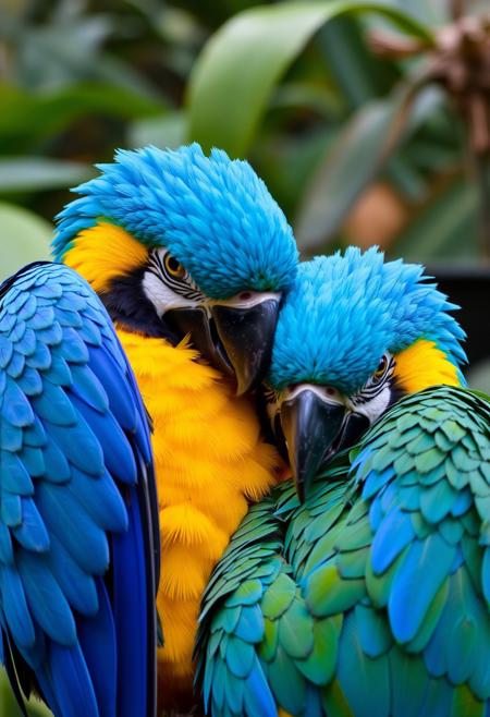 Parrots, two blue macaws, in a jungle, cuddling, happy