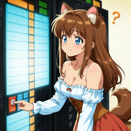 Civitai データセンターでサーバーラックのボタンを長押ししてる少女 / A girl long-pressing the server rack button in a data center