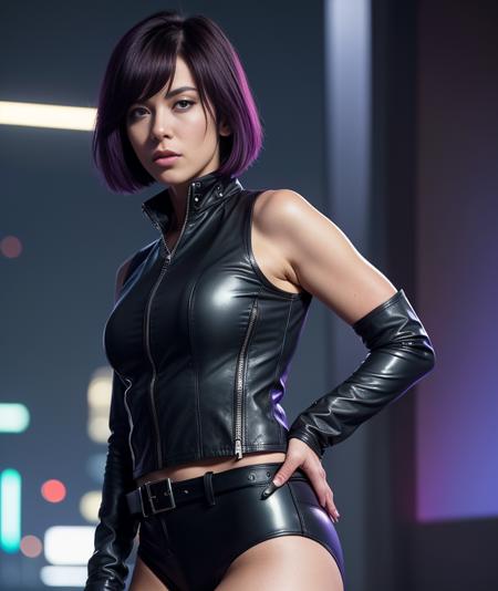 glamour style,

masterpiece, best quality, 8k, artstation, sharp focus, ultrarealistic, high details,
raw photo portrait of

ghost in the shell 1995 anime, Motoko Kusanagi, purple short hair, wearing black leather jacket and military harness, in the futuristic city