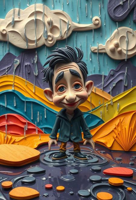 A caricature figure in a wet rainy scene crafted from layered papier-mâché.  Stylized landscapes, bold graphic shapes, and vibrant color gradients in a surreal realism style, with sculpted textured layers, drizzling rain, and reflective surfaces.