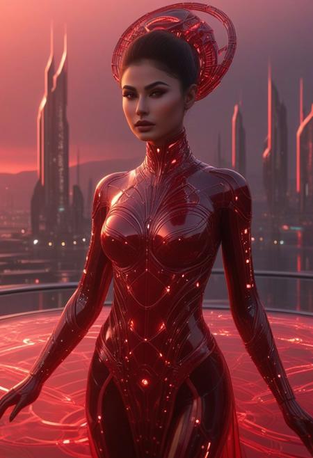 mouni roy, android woman , standing on a polished crystal platform in a futuristic alien city bathed in the warm glow of a crimson sunset. Her ethereal form, crafted from translucent materials, polished chrome, and glowing crimson energy lines, hints at a fusion of biological and technological origins. Her porcelain-like skin reflects the warm hues of the setting sun, creating a soft, otherworldly luminescence. Beneath her translucent skin, intricate gears, wires, and pulsating crimson energy conduits reveal a complex inner workings. Her large, crimson eyes gaze out at the alien cityscape with a wistful expression, hinting at a deep longing and a sense of wonder in the face of the unknown. Her short, choppy crimson hair frames her delicate features, catching the light of the setting sun and adding a touch of rebelliousness to her ethereal presence.
 The gown is adorned with intricate patterns of glowing energy lines, creating a mesmerizing display of light and color. The gown reveals glimpses of her sculpted physique and the intricate mechanisms beneath her skin, a captivating blend of vulnerability and technological marvel.
The alien city is a breathtaking spectacle of towering crystal structures that catch and refract the light of the setting sun, creating a dazzling display of colors. .easynegative, detailxl, Sci-fi Environments, digital painting