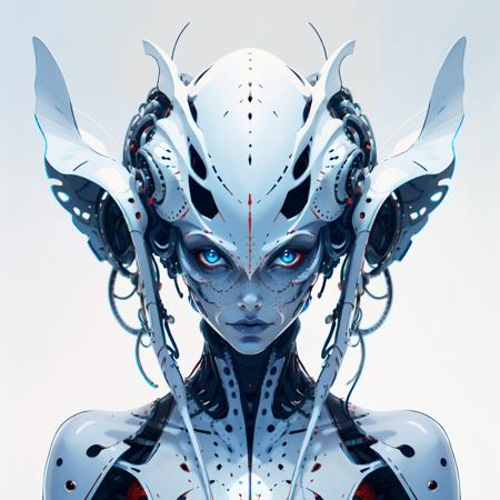 <lora:m0in:1> serious alien female portrait with a cyber helmet in the style of m01n over white background