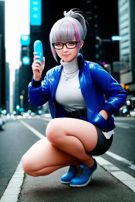 (photorealistic:1.4), best quality, beautiful lighting, solo, 1girl, kuro, grey hair, pink streaked hair, heterochromia, ponytail, blunt bangs, alternate costume, casual, (purple under-rim glasses), semi-rimless eyewear, (white turtleneck sweater), (blue open jacket with long sleeves), (fanny pack), (between breasts), blue shorts with belt, brown pantyhose, (blue shoes with laces), (flip phone), (cellphone), squatting, smile, looking at phone, (hand in pocket), (holding phone), full body, city, sidewalk, outdoors, night, night sky, (cyberpunk), (science fiction), (neon lights), RAW photo, 8k uhd, dslr, soft lighting, (film grain:1), Fujifilm XT3