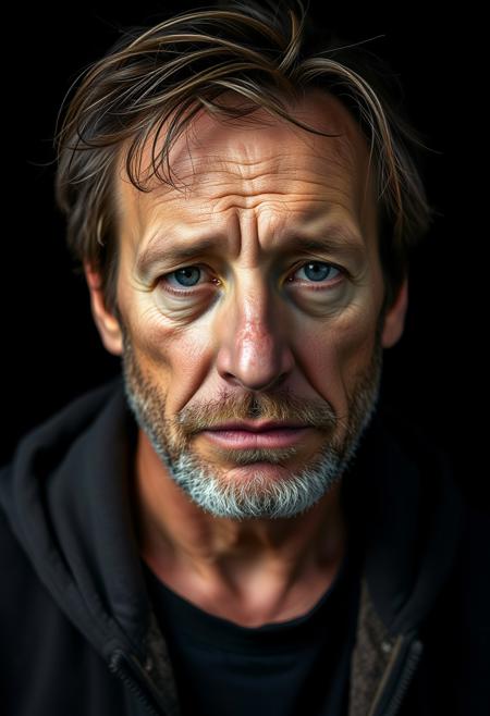 Emotional portrait photograph of a middle aged European man saddened by the realization of a wasted life. He looks disheveled with unkempt hair and beard stubble. He does not manage to control his despair and tear roll on his face.
The portrait is lit like a Rembrandt masterpiece with a pitch black backdrop.
He says is a caption: "too old and too ugly for only fans. I waste my life on AI waifu. I need help."