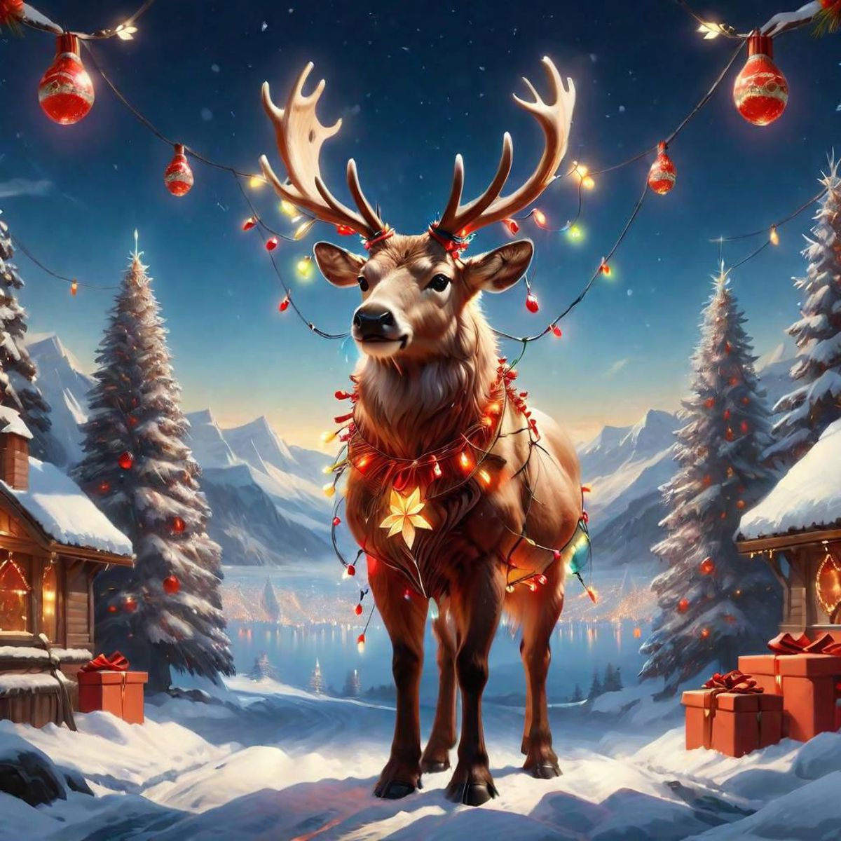 Christmas Deer with Lights in Snowy Landscape