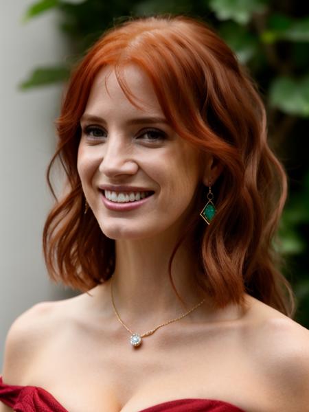 Realistic photo of a beautiful j3ss1c4c-v2 woman,  1girl, long hair, breasts, looking at viewer, smile, (((red hair))), dress, cleavage, bare shoulders, jewelry, medium breasts, earrings, teeth, solo focus, grin, blurry, realistic, soft lighting, professional Photography, Photorealistic, detailed, RAW, analog, sharp focus, 8k, HD, high quality, masterpiece<lora:j3ss1c4c-v2:1.0>