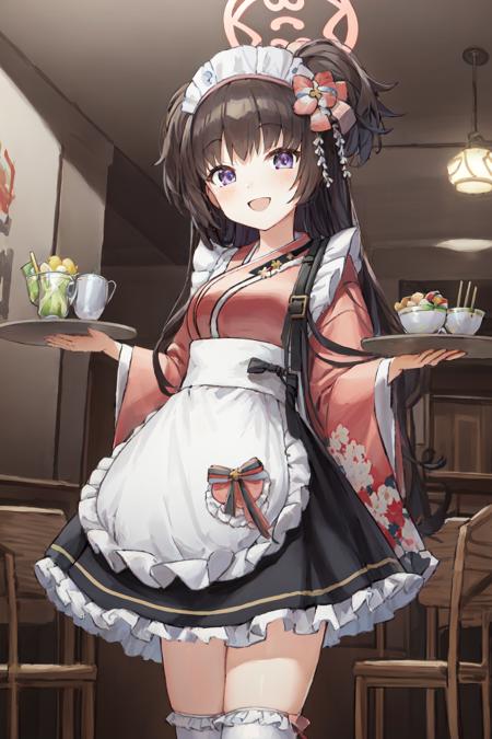 masterpiece, perfect face, (thick lines:1.0), (ultra-detailed:1.2), (oil painting:0.9), (extremely detailed CG unity 8k wallpaper:1.2), soft lighting, shizuko, halo, purple eyes, brown hair, two side up, hair ribbon
wa maid, pink kimono, black skirt, apron, white thighhighs, zettai ryouiki, 
smile, holding tray, looking at viewer, standing
BREAK restaurant, east asian architecture, inn, indoors
<lora:chara-shizuko-v9:1>