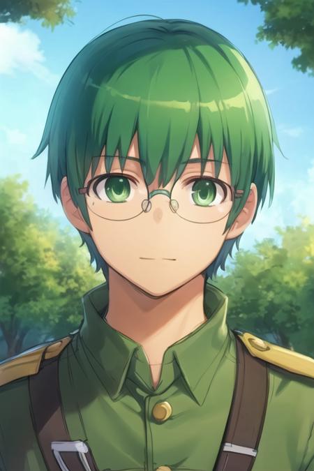 masterpiece, best quality, sketch, 1boy, solo, male focus, looking at viewer, upper body, depth of field, <lora:yuusaku_kitamura:0.68>, yuusaku_kitamura, green hair, green eyes, short hair, glasses, , world war 1, 12k resolution