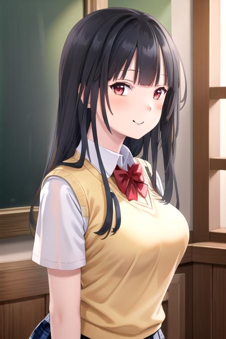 ((masterpiece)),(best quality),official art,extremely detailed CG,unity 8k wallpaper,ultra detailed,beautiful detailed eyes,extremely detailed face,1girl,solo,upper body,(portrait:1.5),looking at viewer,facing viewer,smile,Himemiya Tsubaki(hswk),black hair,long hair,red eyes,sidelocks,bangs,school uniform,sweater vest,yellow vest,red bowtie,collared shirt,white shirt,short sleeves,large breasts,blue skirt,plaid skirt,pleated skirt,zettai ryouiki,white thighhighs,loafers,<lora:Himemiya Tsubaki(hswk)>,