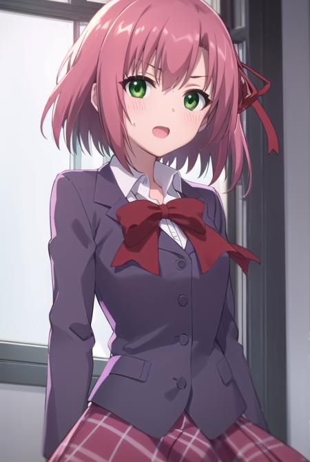 kurimusakurano, <lora:kurimu sakurano s2-lora-nochekaiser:1>,
kurimu sakurano, short hair, ribbon, (green eyes:1.3), hair ribbon, pink hair, ahoge, smile, open mouth,
BREAK skirt, school uniform, plaid, plaid skirt, shirt, white shirt, collared shirt, jacket, long sleeves,
BREAK indoors, classroom,
BREAK looking at viewer, (cowboy shot:1.5),
BREAK <lyco:GoodHands-beta2:1>, (masterpiece:1.2), best quality, high resolution, unity 8k wallpaper, (illustration:0.8), (beautiful detailed eyes:1.6), extremely detailed face, perfect lighting, extremely detailed CG, (perfect hands, perfect anatomy),